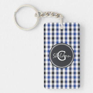 Llavero monograma de patrón de gingham negro azul preppy m