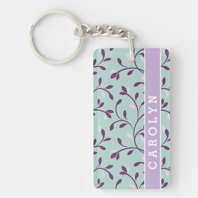 Llavero Monograma de patrón floral turquesa pastel (Frente)