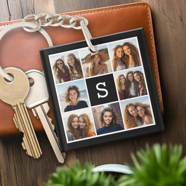 Llavero Monograma de Personalizado de Collage de fotos neg (Personalized keychain with photo collage and monogram)