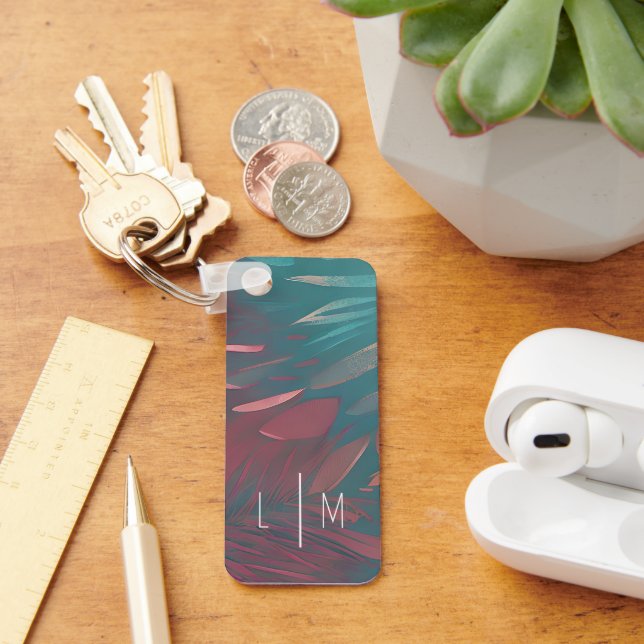 Llavero Monograma de plumas verde azuladas y rosas abstrac (Escritorio )