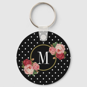 Llavero Monograma de puntos de polka floral de color negro