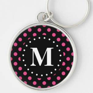Llavero Monograma de puntos de polka negro rosado caliente