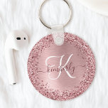 Llavero Monograma de Purpurina Metalizado cepillado de col<br><div class="desc">Personalice fácilmente este diseño de moda de la cadena de teclas de moda con un purpurina brillante rosa y de color rosa bonito sobre un fondo metálico rosa y de color rosa.</div>