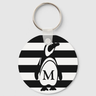 Llavero Monograma de rayas blancas y negras pingüino