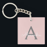 Llavero Monograma de Rubor Gris rosa moderno con guión de<br><div class="desc">Cadena de claves de nombres de monograma de escritura simple rosa y gris de Rubor. Esto hace que el dulce perfecto cumpleaños 16,  boda,  ducha de novia,  aniversario,  ducha de bebé o fiesta de soltera sea regalo para alguien que ama el lujo glam y los estilos de moda.</div>