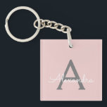 Llavero Monograma de Rubor Gris rosa moderno con guión de<br><div class="desc">Cadena de claves de nombres de monograma de escritura simple rosa y gris de Rubor. Esto hace que el dulce perfecto cumpleaños 16,  boda,  ducha de novia,  aniversario,  ducha de bebé o fiesta de soltera sea regalo para alguien que ama el lujo glam y los estilos de moda.</div>