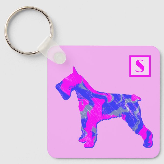 Llavero Monograma de silueta rosa y azul Schnauzer Cute Do (Anverso)