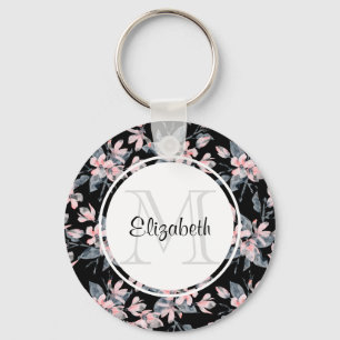 Llavero Monograma del patrón acuático floral rosa y gris