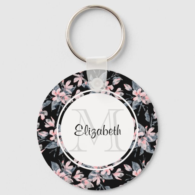 Llavero Monograma del patrón acuático floral rosa y gris (Anverso)