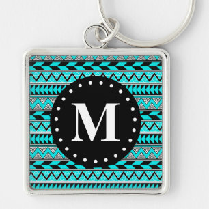 Llavero Monograma del patrón Aqua Blue Tribal Chevron