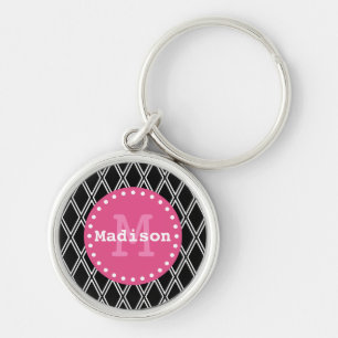 Llavero Monograma del patrón de diamante rosado negro