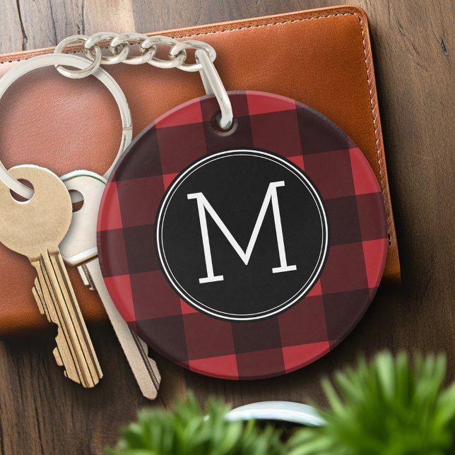 Llavero Monograma del patrón de patrón de búfalo rojo y ne (Personalized Keychain - red and black with monogram)