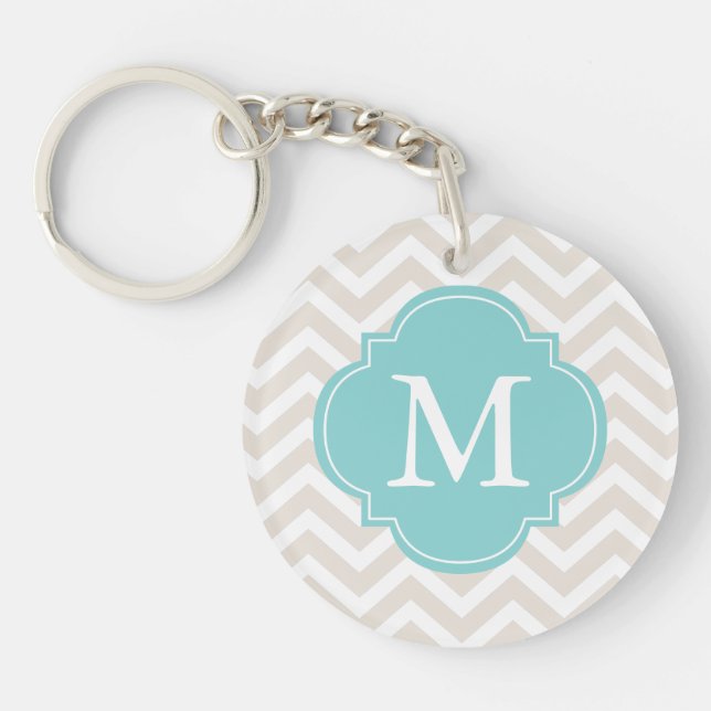 Llavero Monograma del patrón Linen Beige & Mint Zigzag (Frente)