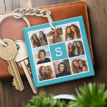 Llavero Monograma del Personalizado Aqua Blue Collage de f<br><div class="desc">Puedes usar fotos de Instagram para este diseño. Utiliza 8 fotos cuadradas para crear un regalo único y personal. O puedes mantener al cachorro hipster y hacer un keepsake de moda. Si necesita ajustar las imágenes,  haga clic en la herramienta personalizar para realizar cambios.</div>