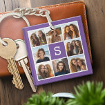 Llavero Monograma del Personalizado de berenjena y Collage<br><div class="desc">Puedes usar fotos de Instagram para este diseño. Utiliza 8 fotos cuadradas para crear un regalo único y personal. O puedes mantener al cachorro hipster y hacer un keepsake de moda. Si necesita ajustar las imágenes,  haga clic en la herramienta personalizar para realizar cambios.</div>