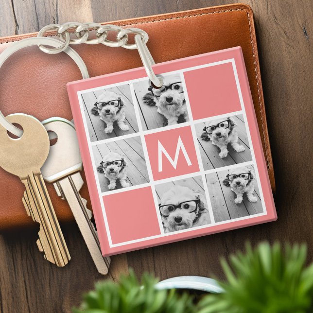 Llavero Monograma del Personalizado de Collage de fotos bl (Personalized keychain with photo collage and monogram)