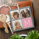 Llavero Monograma del Personalizado de Collage de fotos de<br><div class="desc">Moderno Pastel Rosa y Gris - Utiliza 3 fotos cuadradas para crear un regalo único y personal. O puedes mantener al cachorro hipster y hacer un keepsake de moda. Si necesita ajustar las imágenes,  haga clic en la herramienta personalizar para realizar cambios.</div>