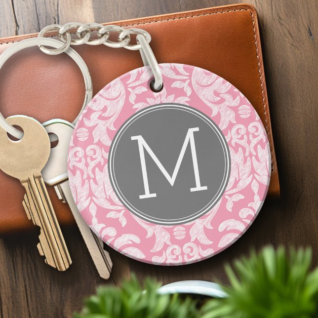 Llavero Monograma del Personalizado del patrón de Damasco  (Personalized Keychain - pink and gray with monogram)