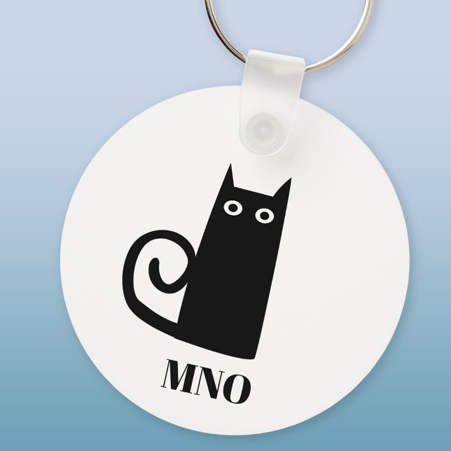 Llavero Monograma divertido de gato negro (Monogram initials personalized fun black cat aluminium keyring keychain)