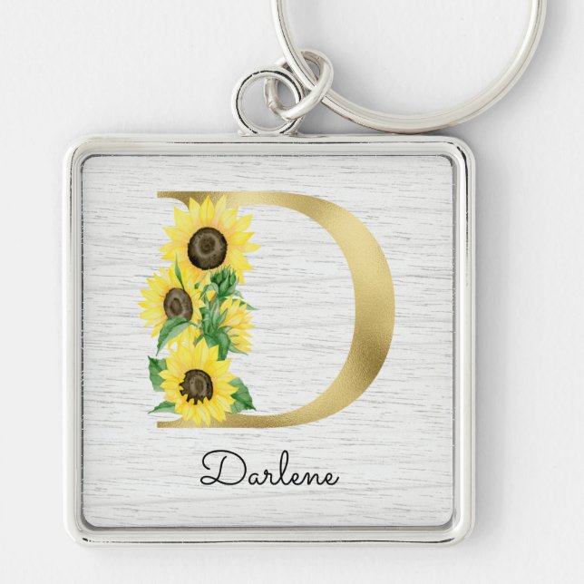 Llavero Monograma Dorado Girasol Floral Inicial D (Frente)