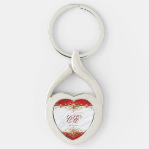Llavero Monograma elegante de Boda blanco rojo dorado