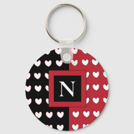 Llavero Monograma elegante de corazones blancos rojos y ne