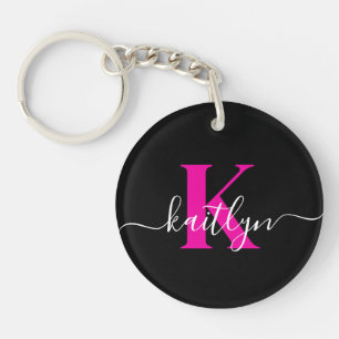 Llavero Monograma Elegante de Negro y Rosa Script