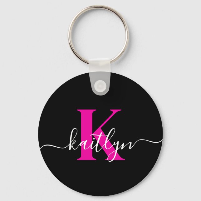 Llavero Monograma Elegante de Negro y Rosa Script (Anverso)