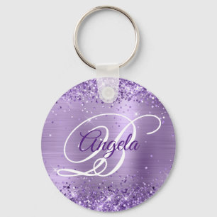 Llavero Monograma Elegante de Purpura Brillante con Hojuel