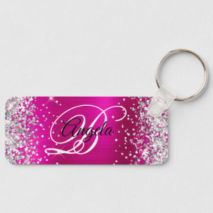 Llavero Monograma Elegante de Purpurina de Plata y Rosa Br