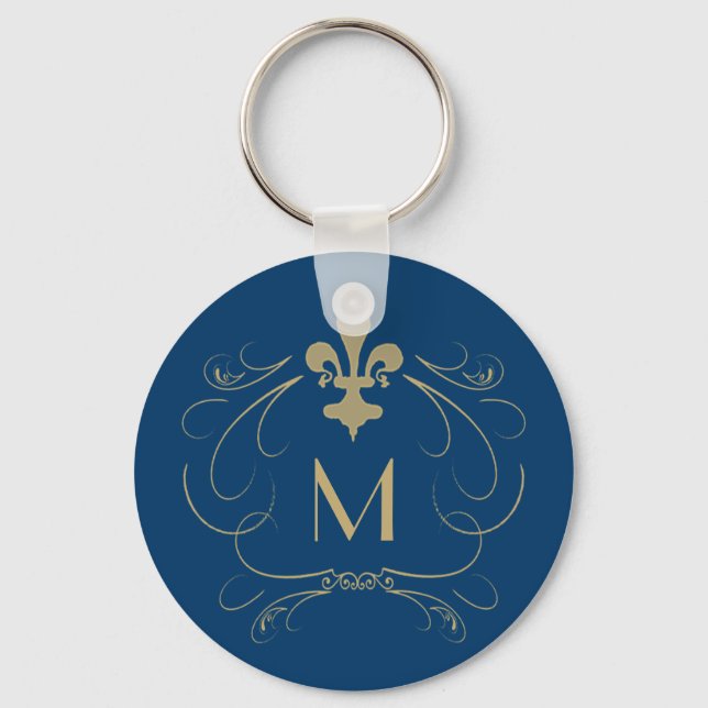 Llavero Monograma Elegante Fleur de Lis Blue Gold (Anverso)