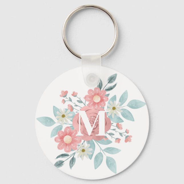 Llavero Monograma Floral Acuarela Elegante Personalizada (Anverso)