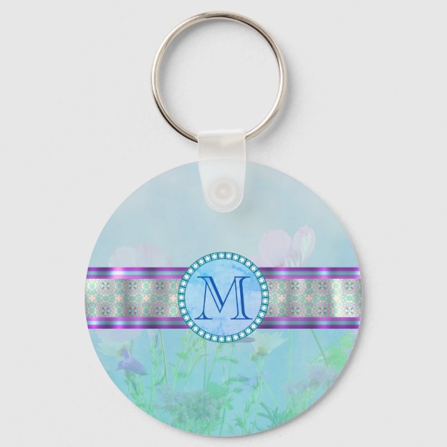 Llavero Monograma Floral Azul Pastel (Anverso)