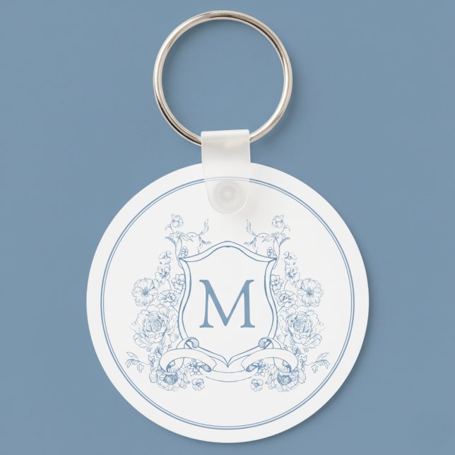 Llavero Monograma Floral Azul Vintage (elegant coquette blue french toile monogram crest initial keychain)