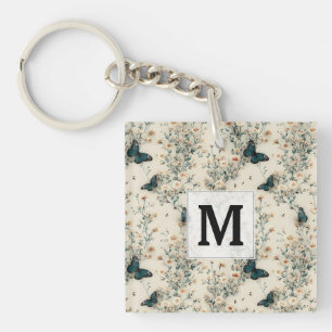 Llavero Monograma Floral de Mariposa Azul Vintage