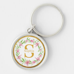 Llavero Monograma Floral Elegante de Lirio Rosa Dorado a l