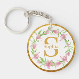 Llavero Monograma Floral Elegante de Lirio Rosa Dorado en 
