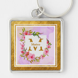 Llavero Monograma Floral Elegante I Nombre e Inicial
