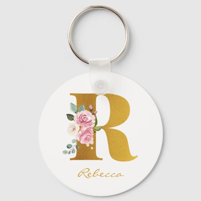 Llavero Monograma floral Faux Gold Name Personalizado (Anverso)