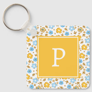 Llavero Monograma Floral Primaveral Azul Amarillo Rústico