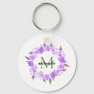 Llavero Monograma floral púrpura del nombre de la