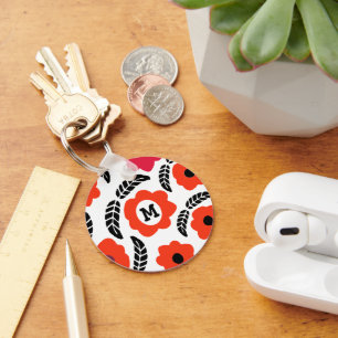 Llavero Monograma floral rojo y Naranja moderno