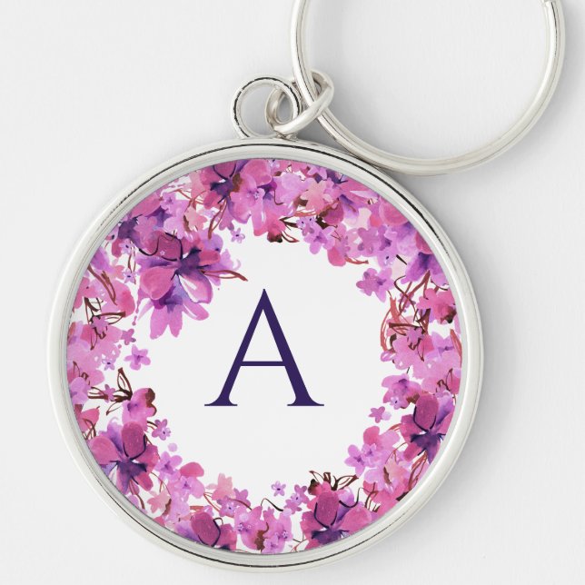 Llavero Monograma floral rosa elegante y personalizado (Frente)