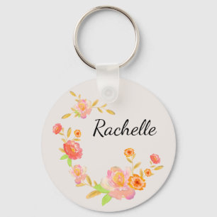 Llavero Monograma floral rosa y naranja femenino