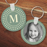 Llavero Monograma foto inicial retro color verde<br><div class="desc">Anillo de claves con tu monograma inicial dentro de un borde de punto radial retro en un fondo verde sabio y una foto personalizado en la parte posterior.</div>