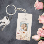 Llavero Monograma fotográfico de flores silvestres beige<br><div class="desc">Añada un toque de encanto personal a su rutina diaria con nuestra Keychain Floral Personalizada. Con un agradable fondo rosa decorado con flores silvestres de una pradera de verano, esta cadena de llaves es tan bonita como práctica. Perfecto para mantener las llaves organizadas y añadir un toque personal a tu...</div>