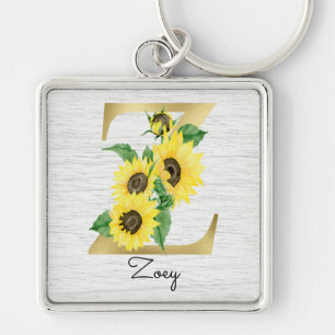 Llavero Monograma Girasol Dorado Floral Femenino Inicial Z