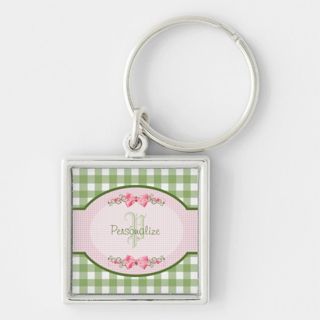 Llavero Monograma Girly Green Gingham Con Nombre (Frente)