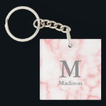 Llavero Monograma gris personalizado y nombre en la aparie<br><div class="desc">Añade tu nombre y monograma en texto gris sobre un fondo falso de mármol rosa.</div>