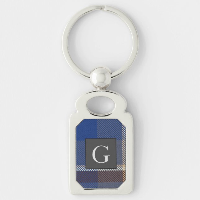 Llavero Monograma Groomsmen Mejor Hombre Gris Azul Tartán  (Anverso)